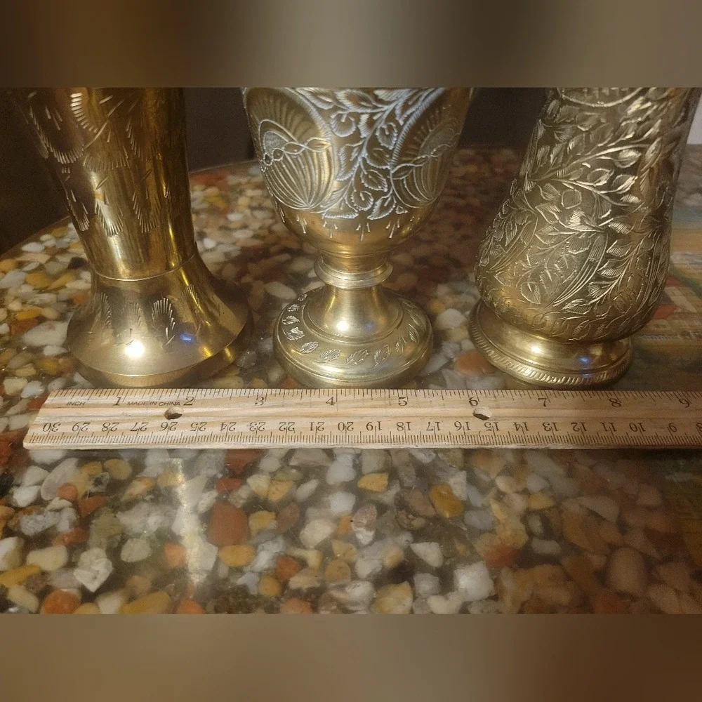 set‎ of 3 brass vase etched ingraved handcrafted India 12